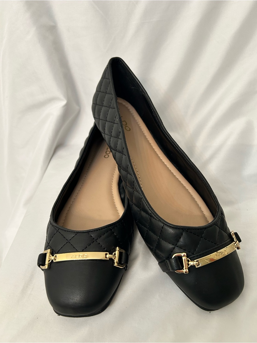 Womens Black Quilted Ballet Flats with Gold Accent